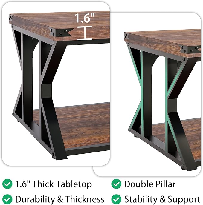 Rectangular Coffee Table, 43" Industrial Living Room Center Tables with Storage Shelf, Heavy-Duty Farmhouse Cocktail Tea Table with Angle Iron Tabletop&Metal Frame, Rustic Brown