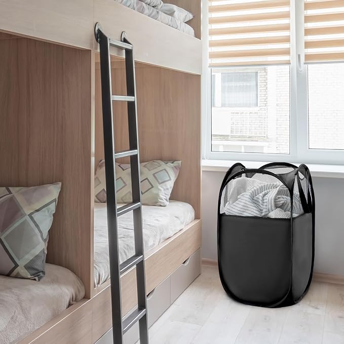 TECHMILLY Pop Up Foldable Laundry Basket, Mesh Laundry Hamper with Reinforced Handles for Dirty Clothes Storage in Dorm, Laundry Room, Bathroom, Black(Fabric), 2 Pack