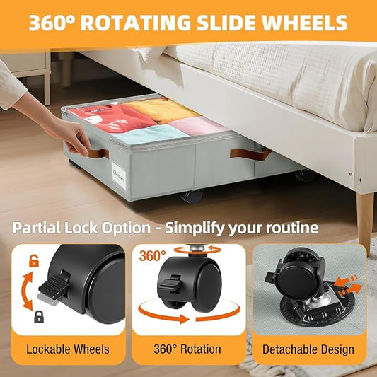 Under Bed Storage with Wheels,Underbed Storage with Sturdy Sidewalls/Bottom, Clear Cover, Label and PU Handle, Rolling Under Bed Drawers for Clothes, Shoes, 6.5 Inch Height,Grey, 4 Pack