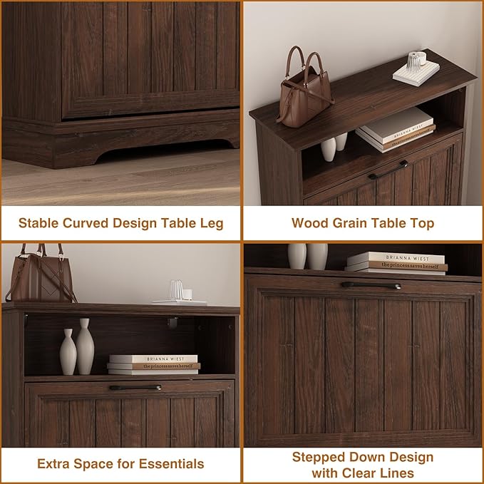 Shoe Storage Cabinet with 2 Flip Drawers, 24" W Farmhouse Modern Hidden Shoes Rack Cabinet with Adjustable Shelves & Open Storage, Narrow Slim Shoe Organizer for Front Door Entrance, Entryway, Walnut