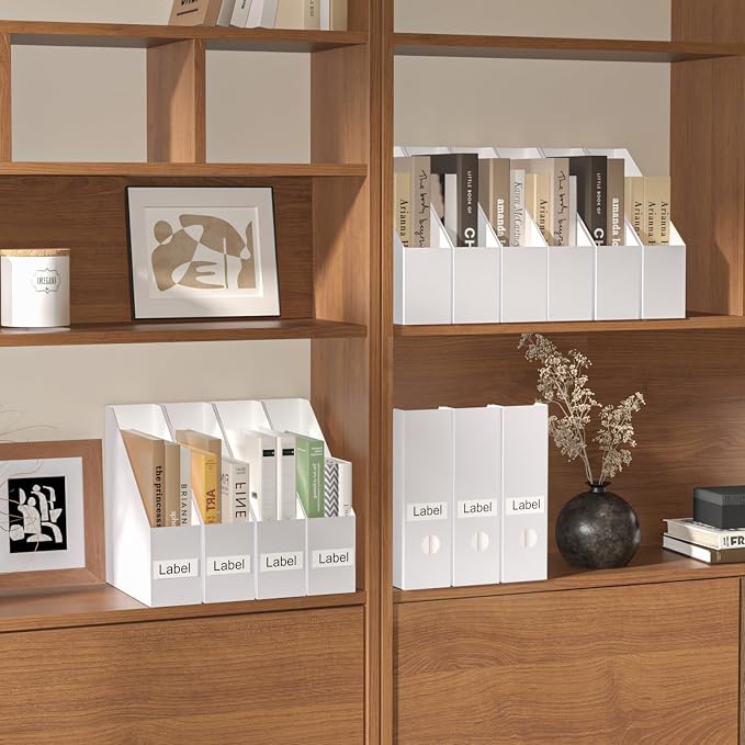 EXYGLO 12 Pack White Magazine File Holder, Cardboard Magazine Rack with Label, Foldable Storage Organizer Box for Book, Documents, 9.9x3.3x12 Inches