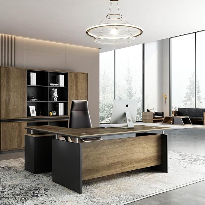 63 Inch L-Shaped Executive Desk Set of 4, Industrial Modern Wood Office Desk with 3 Drawers, Built-in Cable Management & Power Outlet, Real Wood Finish, Reversible Left/Right Return Home Workstation