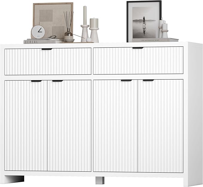 Fluted Sideboard Buffet Cabinet with Storage and Large Drawers, 55" W Credenza Storage Cabinet for Living Room or Entryway, 40'' H Farmhouse Buffet Table with Adjustable Shelves, Console Cabinet