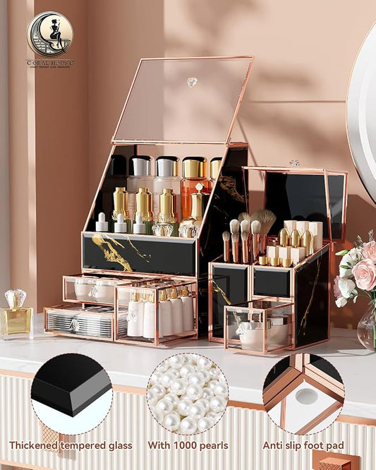 CoralHouse Black Glass Makeup Organizer with Lid, 3-Piece Vanity Organizer with Gold Frame, Cosmetic Display Case for Skincare, Perfume, Lipsticks, Brushes, Bathroom Countertop & Dresser