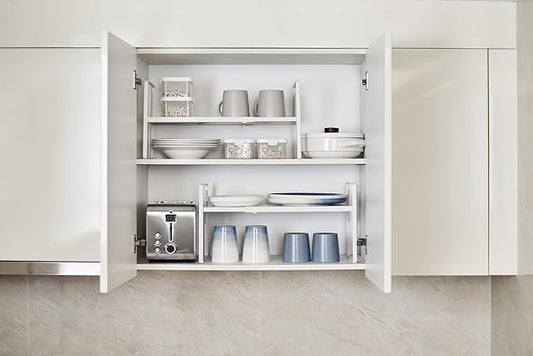 Nxconsu Cabinet Shelf Expandable Height Adjustable Shelf Organizer Riser for Kitchen Cabinet Pantry Cupboard Under Sink Countertop Organization Storage Space Saver Stackable Heavy Duty Metal White XL