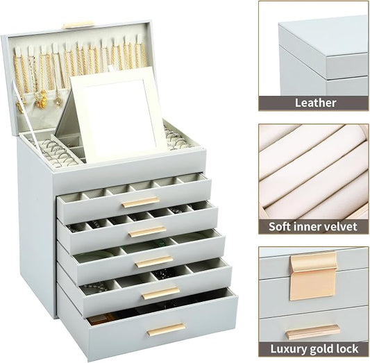 BOOVO Jewelry Boxes for Women, White and Black 6 Layer Large Jewelry Box for Necklace, Bracelet, Earrings, Rings Storage, Jewelry holder Organizer for Girls Gift (Grey and Gold, 6 layer)