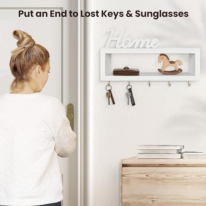 Wall Shelf with Hooks - Decorative Key and Wallet Holder for Wall Holds Sunglasses, Leashes, Scarves and Lanyards - 15.7" x 5.1" x 2.9" Entryway Organizer Made of Paulownia Wood (White)
