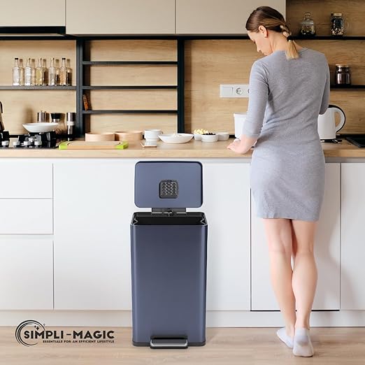 Simpli-Magic 50 Liter / 13.2 Gallon Soft-Close, Smudge Resistant Trash Can with Foot Pedal and Built in Filter- Blue