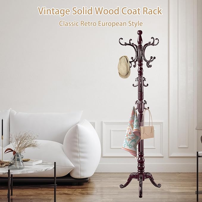 ZOZOE Wooden Classic Coat Rack Stand, Solid Wood Coat Rack Freestanding with 14 Hooks, Vintage Coat Racks with Sturdy Triangle Base, Natural Birch Wood Coat Clothes Tree Stand for Entryway Hallway