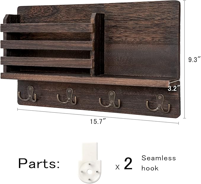 Dahey Wall Mounted Mail Holder Wooden Key Holder Rack Mail Sorter Organizer with 4 Double Key Hooks and A Floating Shelf Farmhouse Rustic Home Decor for Entryway or Mudroom,15.7"W x9.3"Hx3.2"D, Brown