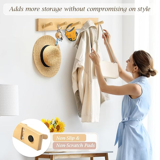 Coat Rack Wall Mount, Wooden Coat Hanger with 5 Hooks, Heavy Duty, Natural, 2 Pcs