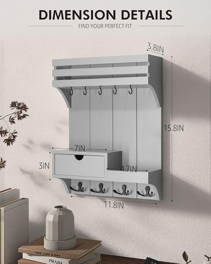 Rebee Vision Decorative Key Holder Wall Mount with Small Drawer Organizer - Modern Mail Organizer with 9 Key Hooks and Wall Shelf for Home Decor - Stylish Apartment Essentials (Gray)