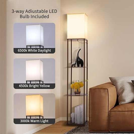 Gupuzm Floor Lamp with Shelves, Modern Square Standing Lamp with 3 Color Temperature Bulb, Corner Display Bookshelf Lamp for Living Room, Bedroom and Office (Brown-9)