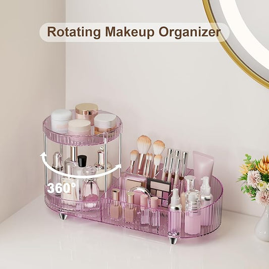 360 Rotating Vanity Makeup Organizer, 2 Small Trays & 5 Compartments for Cosmetics, Skincare, Perfume, Lipstick & Make up Brushes Holder, Dresser Countertop Organizers and Storage for Bathroom, Desk