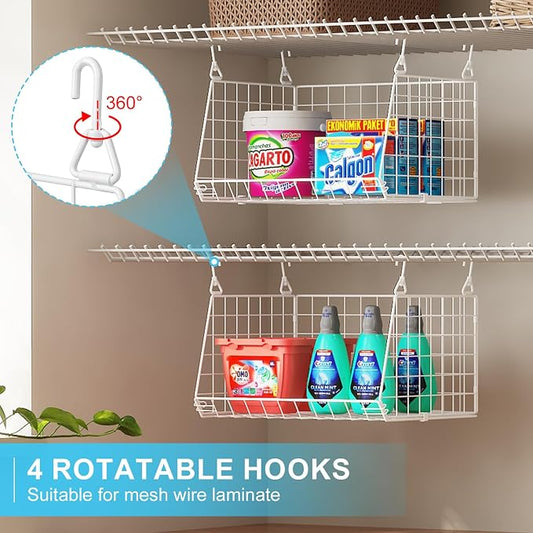 3-Tier Hanging Laundry Basket Organizer:Foldable Wire Shelf Laundry Room Organizer with 360°Rotating Hooks Small Space Solutions Closet Hanging Organizer - Laundry Organization, White Patent