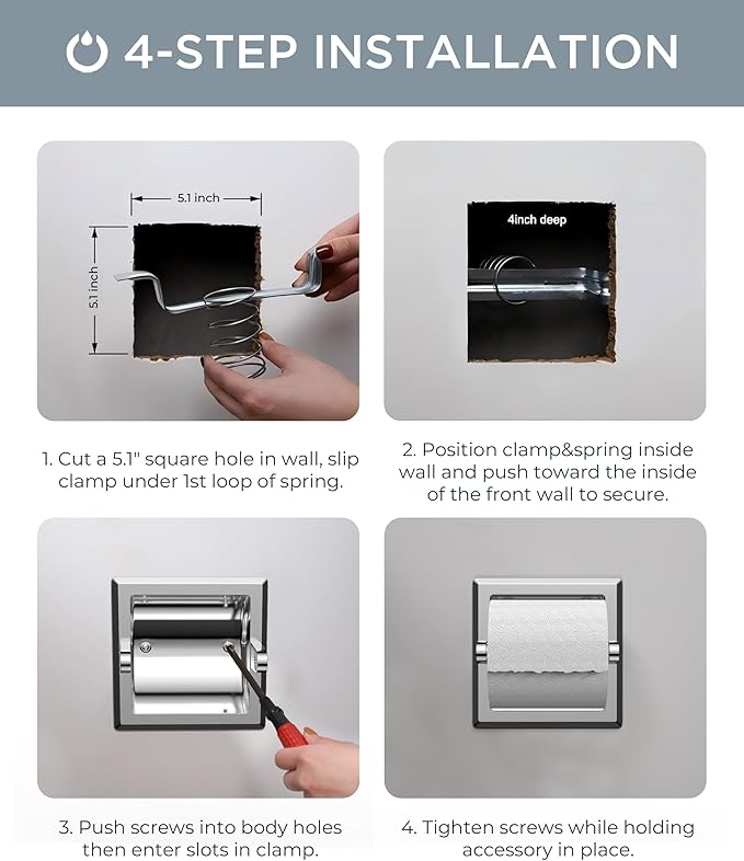 FORIOUS Recessed Toilet Paper Holder, Stainless Steel Durable Tissue Roll Holder Wall Mount for Bathroom Space Saving Design with Mounting Bracket, Wall Toilet Paper Dispenser Insert, Chrome
