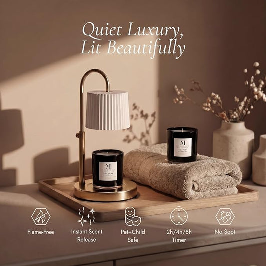 Dimmable Glass Candle Warmer Lamp with Timer - Adjustable Height Candle Lamp Warmer with Timer (8H/4H/2H) - Wax Melter - Ideal Gift, fits Various Size Scented Candles - 02 Bulb - (Gold Metal)