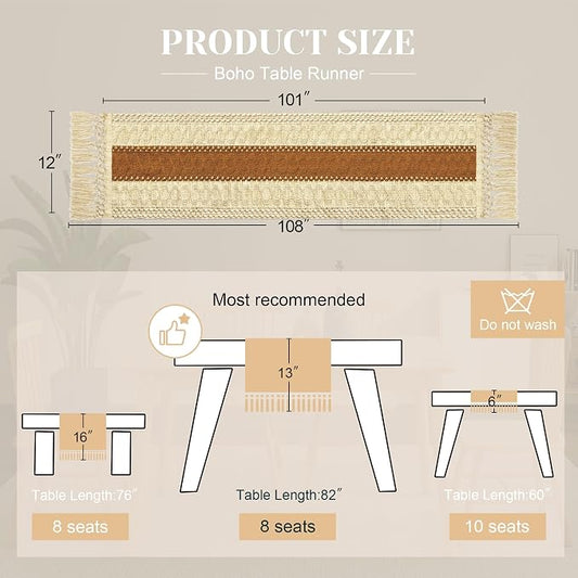 FEXIA Boho Table Runner for Home Decor with Tassels 108 Inches Long,Caramel Farmhouse Rustic Table Runner Macrame Burlap Table Decoration for Living Room Bridal Shower(12x108 Inches)