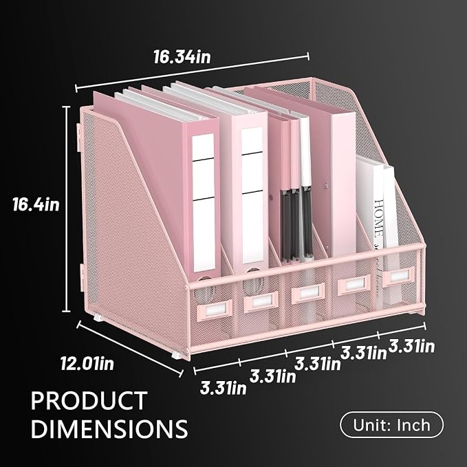 DALTACK Desk Organizers Metal Magazine File Holder with 5 Vertical Compartments Folder Storage Binder Organizer for Office Home School Organization, Pink Plus