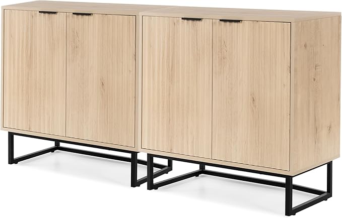 Fluted Storage Cabinet Set of 2, Sideboard Buffet Cabinet Modern Accent Cabinets with Adjustable Shelves, Credenza, Console Table Entryway Cabinets for Living Room, Light Oak