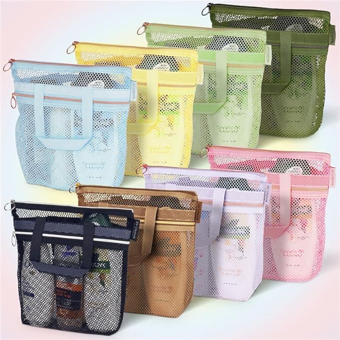 DV Lifestyle Mesh Shower Bag 10.2x9.9'' Quick-Dry Caddy with Zipper & 2 Pockets. Portable Toiletry Tote for Bathroom, Gym, Travel, Camp, Beach, for Sunscreen, Dorm & College Essentials (Blue)
