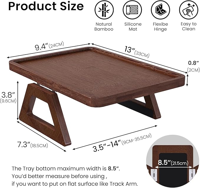 Couch Arm Tray,Bamboo Folding Sofa Tray,Sofa Armrest Tray Clip-On Couch Desk for Drinks,Snacks,Phone,Remote Control(Brown)