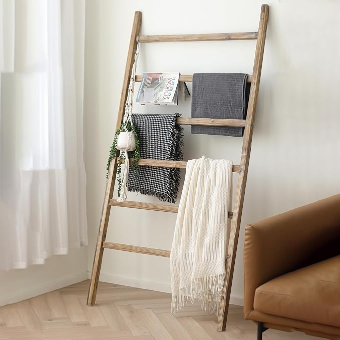 FUIN Extra Wide 6.4ft Wooden Blanket Ladder Living Room Decorative Wal Leaning Farmhouse Quilt Display Holder Rustic Wood Towel Rack for Bathroom, Burnt Brown, 38 inch Wide