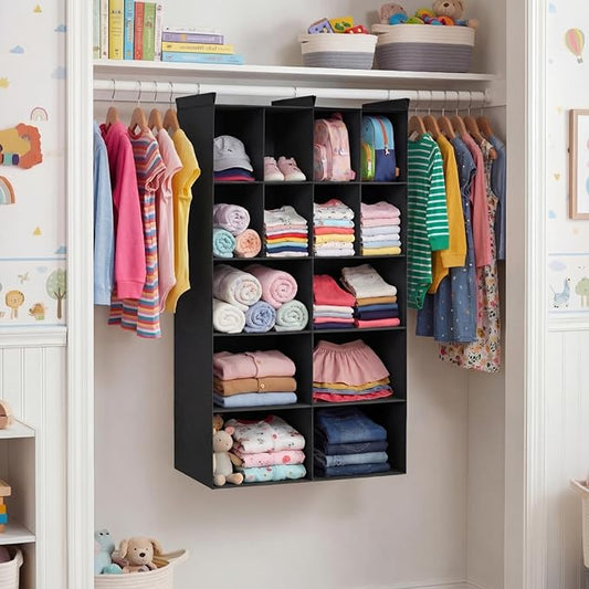 Ofiray-home 5 Tier Hanging Closet Organizer, 14 Compartments Sweater Organizer for Closet with 3 Sturdy Hooks, Closet Organizers and Storage, Wardrobe, Rv, Garment Rack, Black