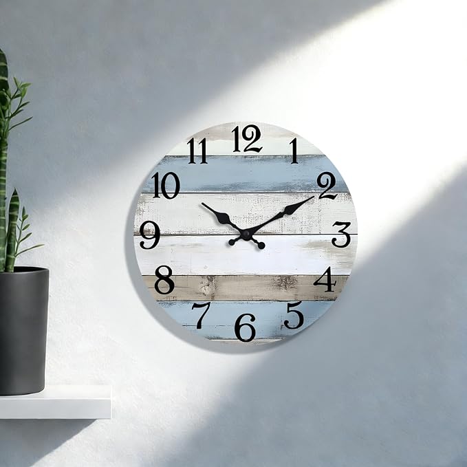 JoFomp 8 Inch Wooden Wall Clocks Battery Operated, Silent Wall Clock Non Ticking, Coastal Country Design Rustic Wall Clocks for Living Room Decor, Small Wall Clock for Bedroom Kitchen Bathroom