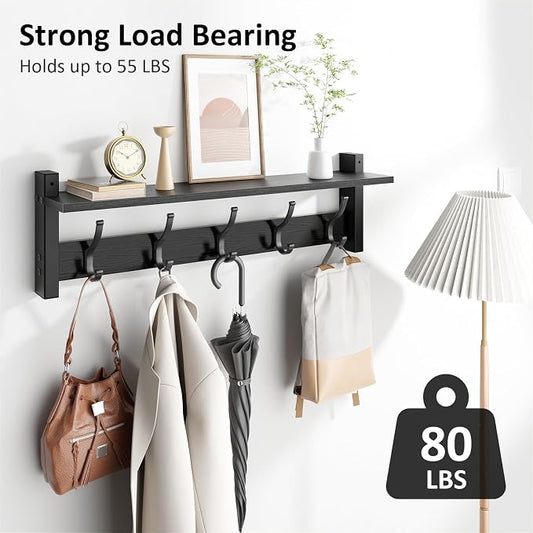 Optish Coat Rack Wall Mount with Shelf, 24 Inch Coat Hanger Walls Mounted, Hat Rack for Walls, Shelf with 5 Coat Hooks, Wall Hanger for Entryway (Black)