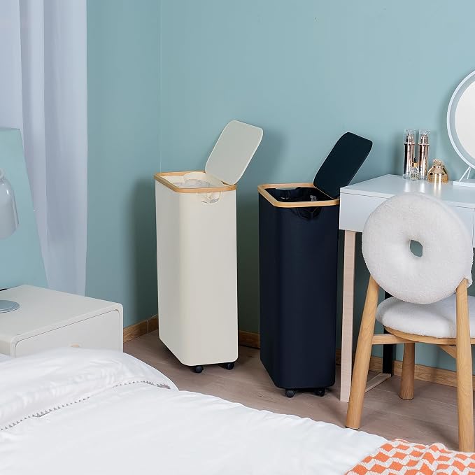 efluky Slim Laundry Basket with Wheels, Tall Rolling Laundry Hamper with Lid and Removable Bag, Aesthetic Dirty Clothes Hamper on Wheels for Laundry Room, Bedroom, Dorm and Bathroom,75L Beige