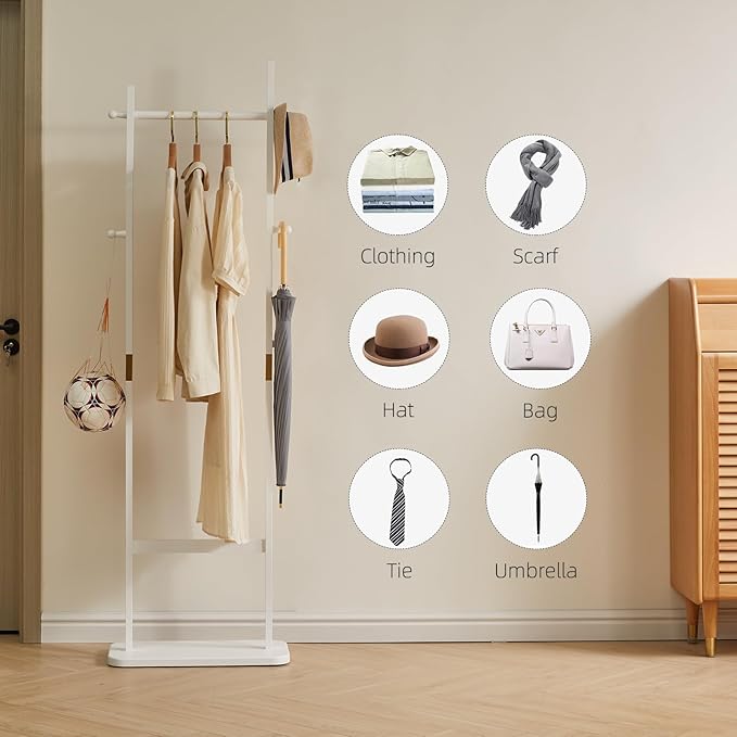 Clothing Rack for Hanging Clothes, White Freestanding Clothes Rack Heavy Duty, Small Hanging Rack Hall Tree, Very Sturdy Coat Rack Stand White USYD-201