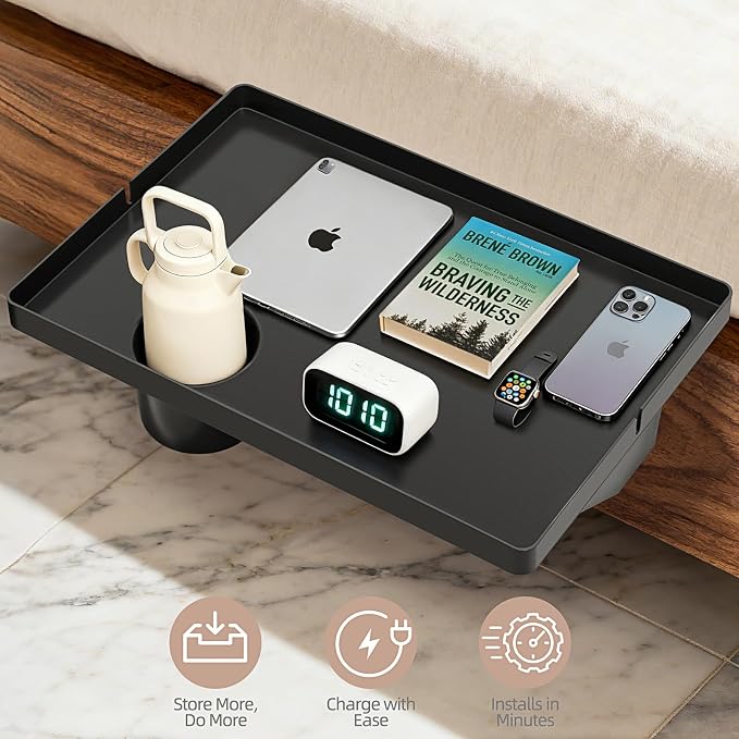 Bedside Shelf Dorm Bunk Bed, Bedside Caddy Shelf Dorm Bed, No Drill College Nightstand Organizer for Personal Items Books Glasses Apartment Bedroom Compact Space Solution Large+Black