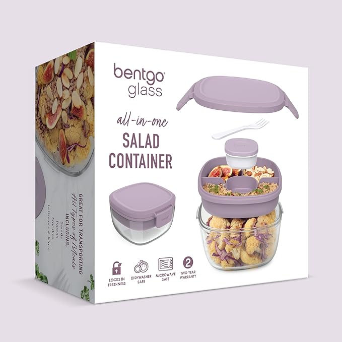 Bentgo Glass Salad Container - 7.6-Cup Salad Bowl with Airtight Lid, Leak-Proof Sauce Container, 4-Compartment Bento Tray & Reusable Fork - BPA-Free for Meal Prep, Office & More (Lavender)