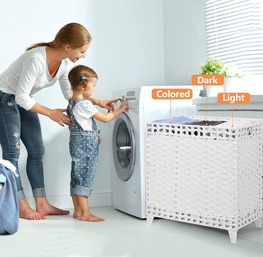 Laundry Hamper with 3 Removable Liner Bags; 132L Handwoven Rattan Laundry Basket with Lid & Heightened Feet; Clothes Hamper with Side Handles; Laundry Sorter with 3 Separate Sections