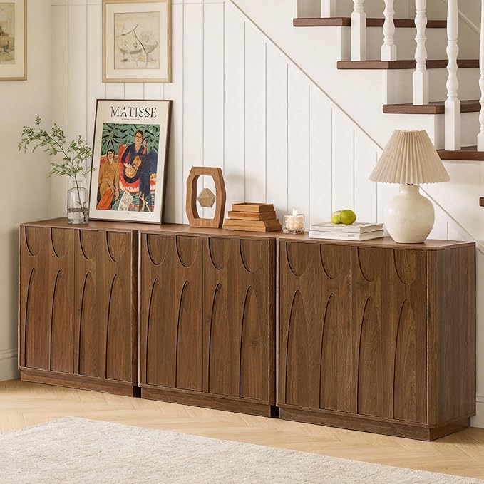 Sideboard Buffet Cabinet with Storage Set of 3, 94.5'' Mid Century Modern Storage Cabinet with Adjustable Shelf 6 Doors Credenza for Dining Room, Living Room, Entry (Walnut)