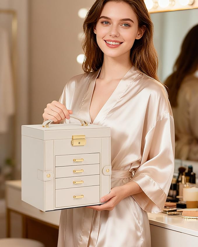 TORIBIO Jewelry Box for Women, Leather Jewelry Organizer with Mirror & Lock, 5-Tier Jewelry Storage Organizer with 4 Drawers for Girls/Women/Mothers, Necklace Earring Bracelets Holder Organizer