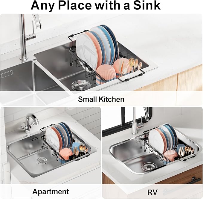 iSPECLE Small Sink Dish Drying Rack, Expandable Compact Rust Resistant Dish Drainer for RV Apartment Kitchen, Dish Rack with Tightening Knob, Arms with Non Slip Rubber, 9.1" W x 12.2"-17.3" L, Black