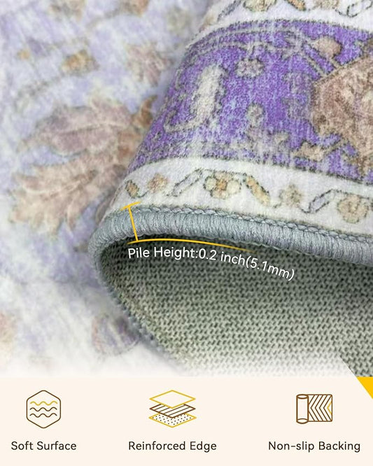 RELEANY Area Rugs 3'x4' Washable Non-Slip, Floral Vintage Distress Medallion Carpet for Living Room Bedroom Dining Room, Light Purple Brown