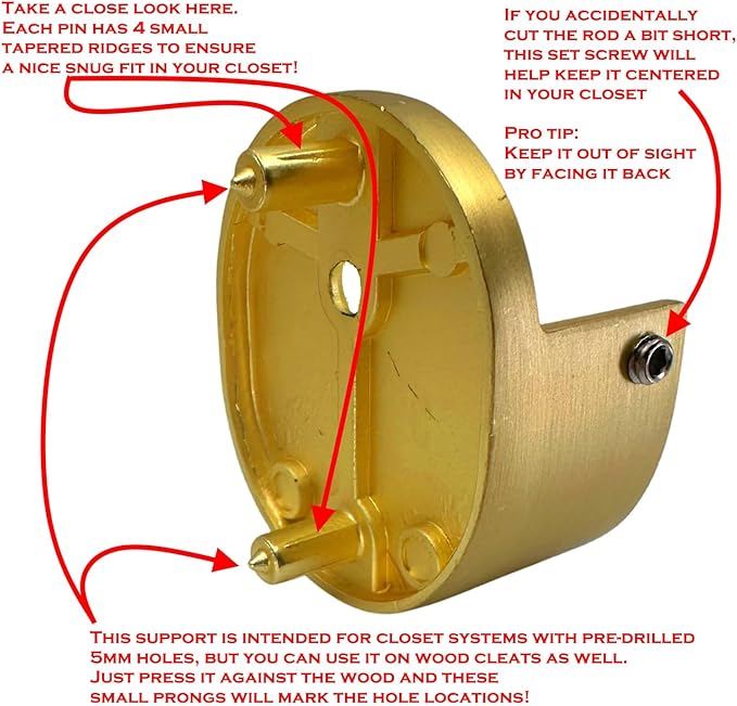 Closet Rod Support Flanges with Rear Pin |Heavy Duty Clothes Pole End Sockets for Wardrobes | Satin Brass | 4 Pair