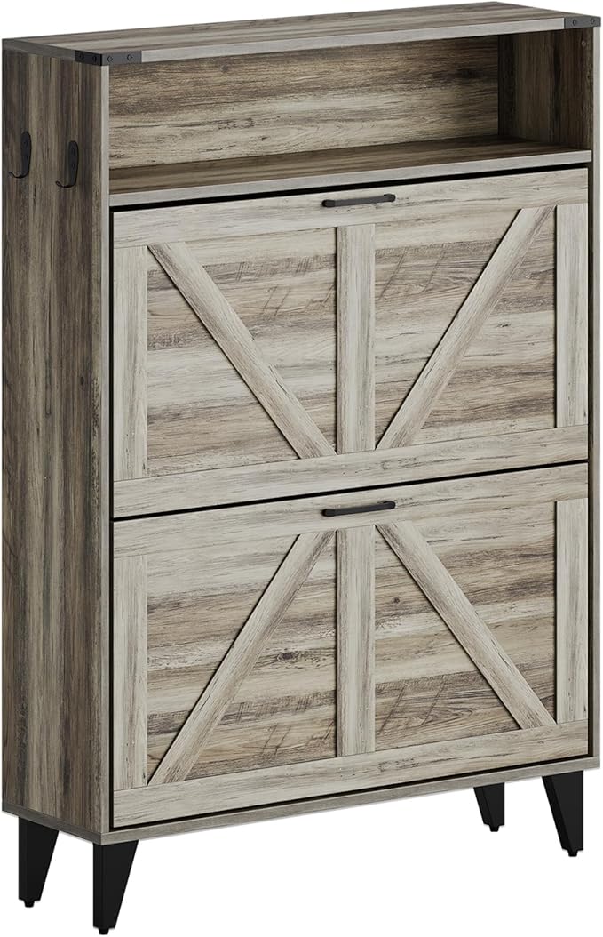 Shoe Cabinet with 2 Flip Drawers, Shoe Storage Cabinet for Entryway, Freestanding Shoe Cabinet Organizer with Open Storage, Free Standing Shoe Rack Cabinet Corner, Retro Gray