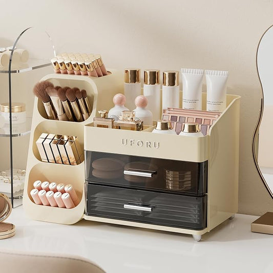 UFORU Makeup Organizer for Vanity with Brush Holder, Large Capacity Bathroom Countertop Skincare Organizer with 2 Drawers, Cosmetic Display Case for Perfumes, Eyeshadow Palettes, Nail Polishes