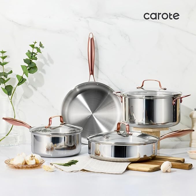 CAROTE 10" Tri-Ply Stainless Steel Frying Pan, Non-Toxic Fry Pan Egg Pan Omelet Pans, Oven Safe, Induction, Ceramic and Gas Cooktops Compatible, Polished Silver