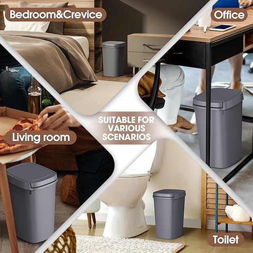 CEROELDA 3 Pack Bathroom Trash Can with Lid, 10L/2.6 Gal Small Garbage Can with Press Top Lid, Slim Plastic Waste Basket for Toilet, Office, Bedroom (Grey)