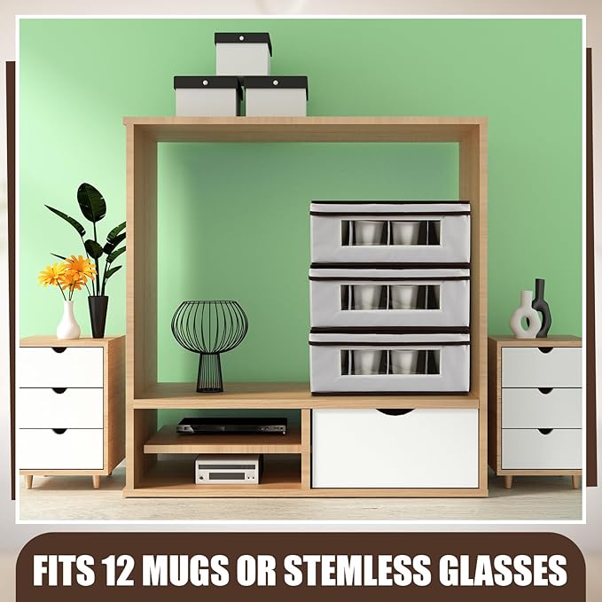 Norme 3 Pack Wine Glasses Storage Box with Dividers, 12 Compartments Stemware Storage Cases Champagne Flute Box with Lid Handle Window China Container Organizer for Moving(Mug Size,Beige)