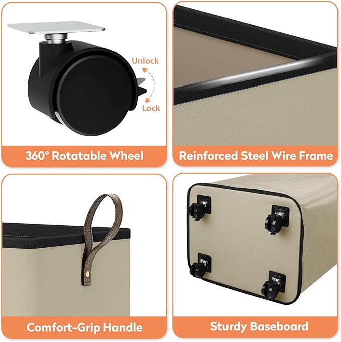 SpaceTrove Laundry Basket with Wheels, Collapsible Laundry Baskets, Laundry Hamper with Handles Detachable Wheels, Rolling Laundry Basket, Dirty Clothes Hamper for Bathroom, Dorm, Bedroom, Beige, 100L