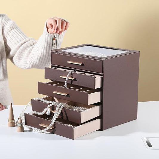 Frebeauty Clear Lid Jewelry Box,5-Layer Jewelry Organizer with Drawer,PU Leather Jewelry Organizers and Storage,Jewelry Boxes for Women,Jewelry Storage for Rings Earring Stud,Gift for Women(Brown)
