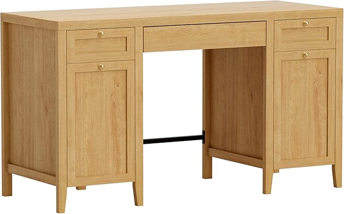 52" Executive Desk with Storage Drawer, Farmhouse Home Office Desk with Storage Cabinet Wood Computer Writing Desk for Study Office, Natural Oak