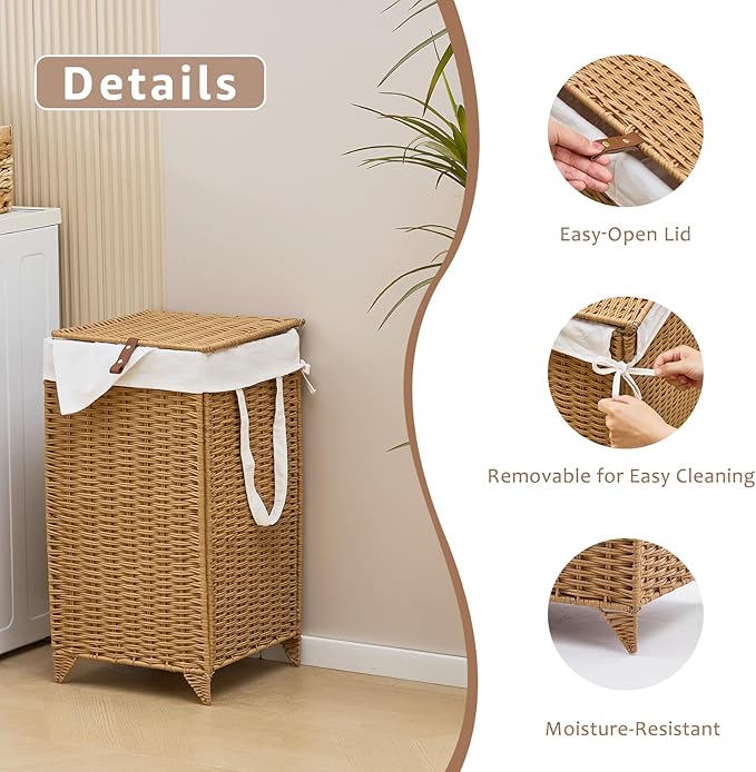 Laundry Hamper with Lid and Removable Liner Bag, Handwoven Rattan Clothes Hamper with Heightened Feet, Wicker Laundry Basket for Clothes and Towels,Small