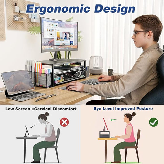 OPNICE Desk Organizer and Accessories, Dual Computer Monitor Stand Riser with Drawer and 2 Pen Holders, Laptop Stand, Office Desk Accessories for Office Supplies, Black 2-Pack